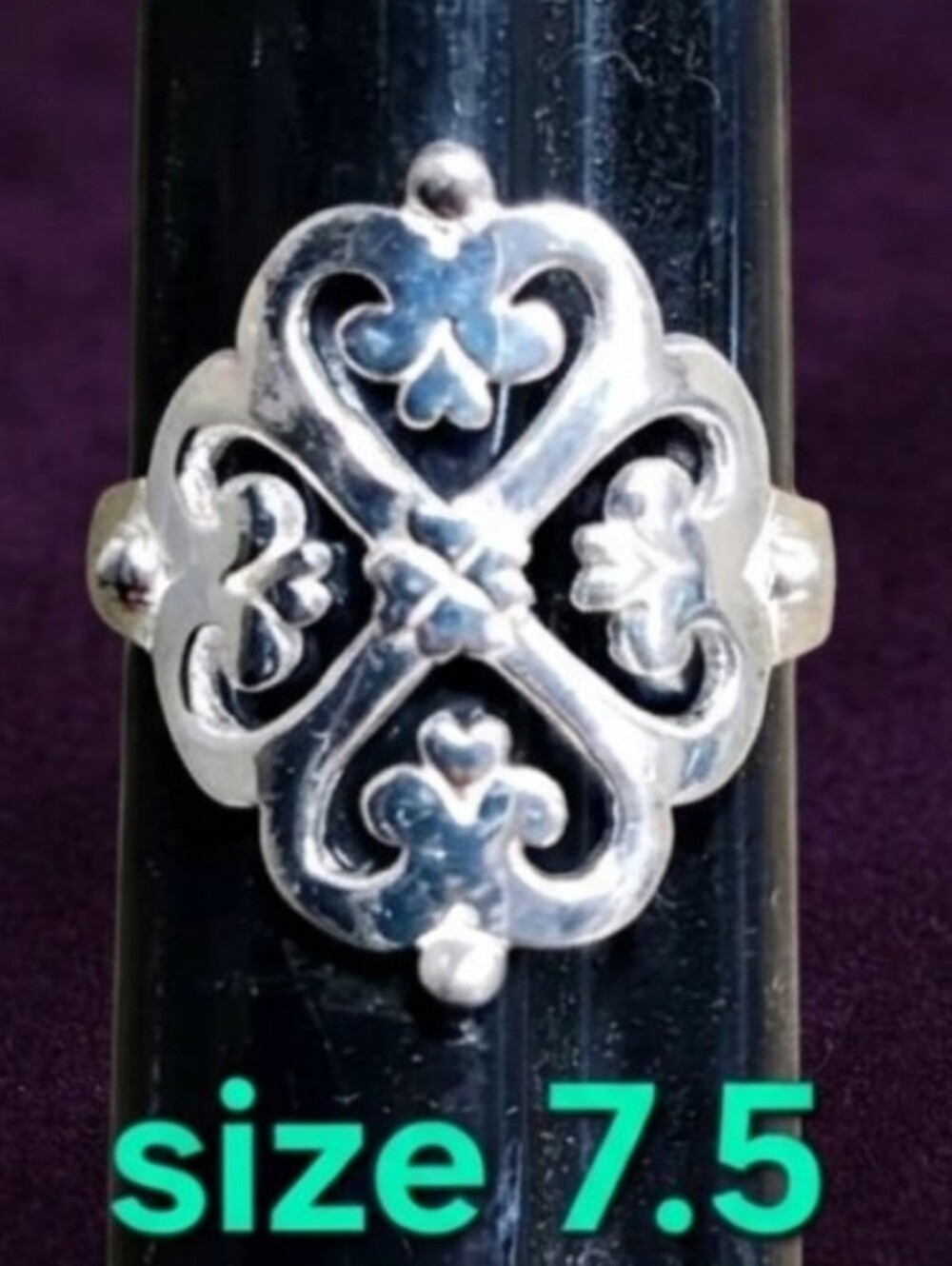 Vintage Sterling Silver 925 Ornate Heart Filigree Statement Ring Size 7.5 Clover